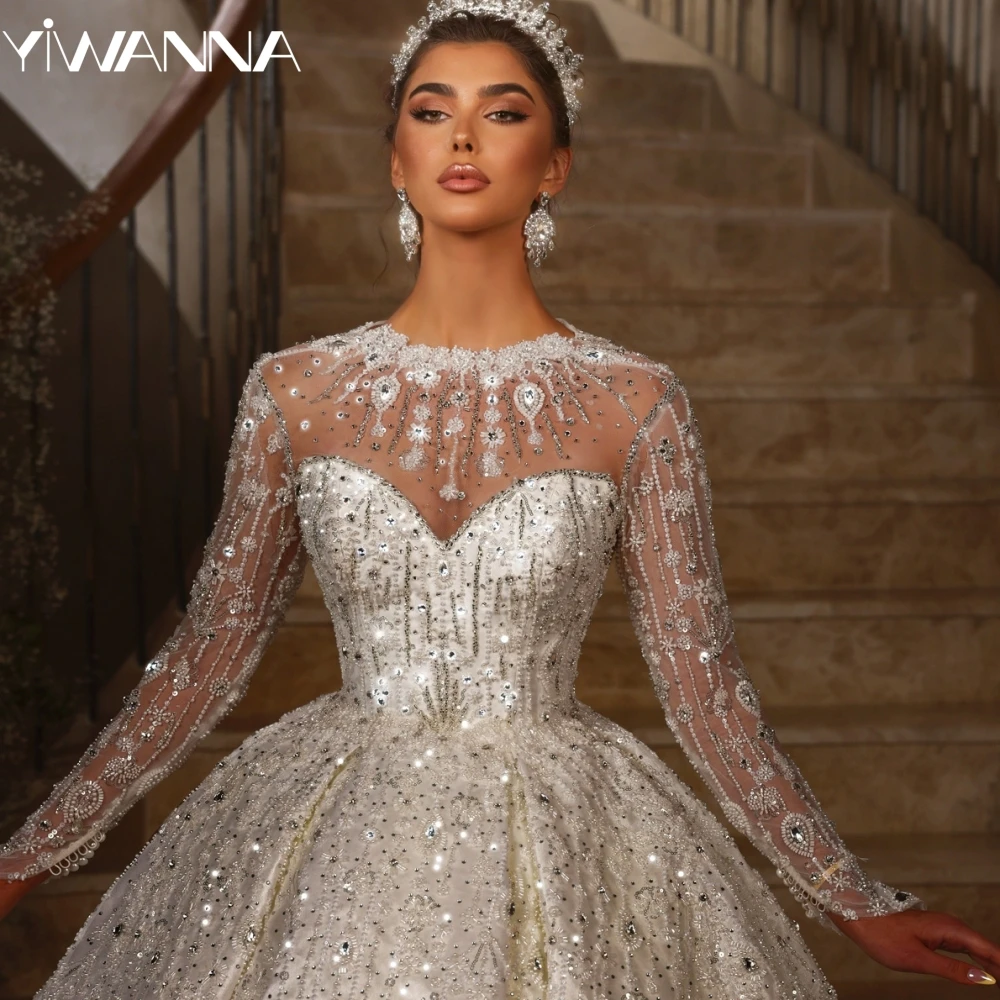 

Dreamy Beaded Rhinestones Wedding Dress Illusion O-neck Long Sleeve Bridal Gown Customized Exquisite Ball Gown Dresses For Bride