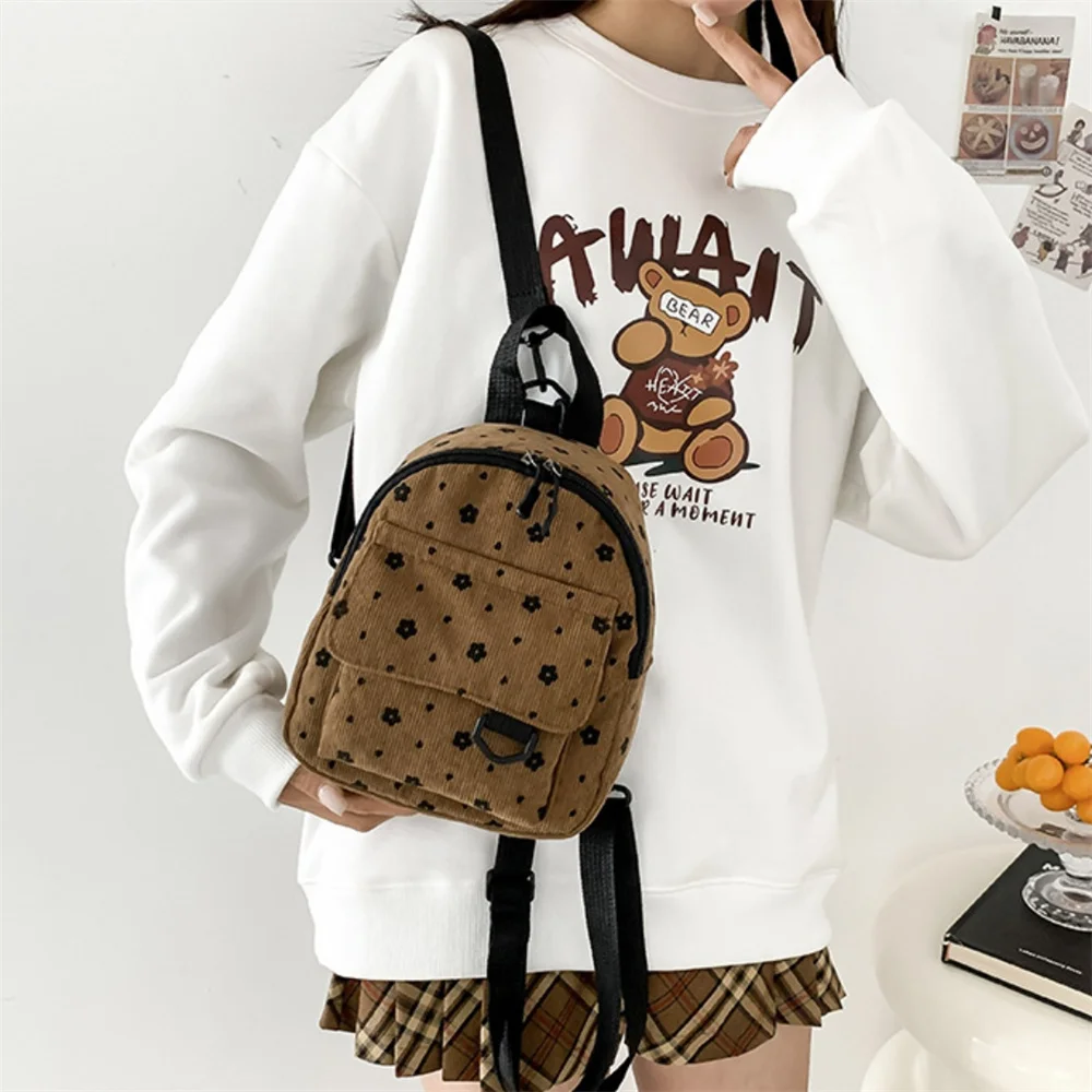 Japanese Cute Flower Corduroy Mini Backpack Large Capacity INS Student Fashion Simple Personalized Travel Backpack