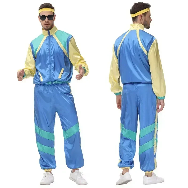 Men Women Vintage 80s Hip Hop Disco Cosplay Hippie Costume Halloween Purim Carnival Party Couple Tracksuit Outfit