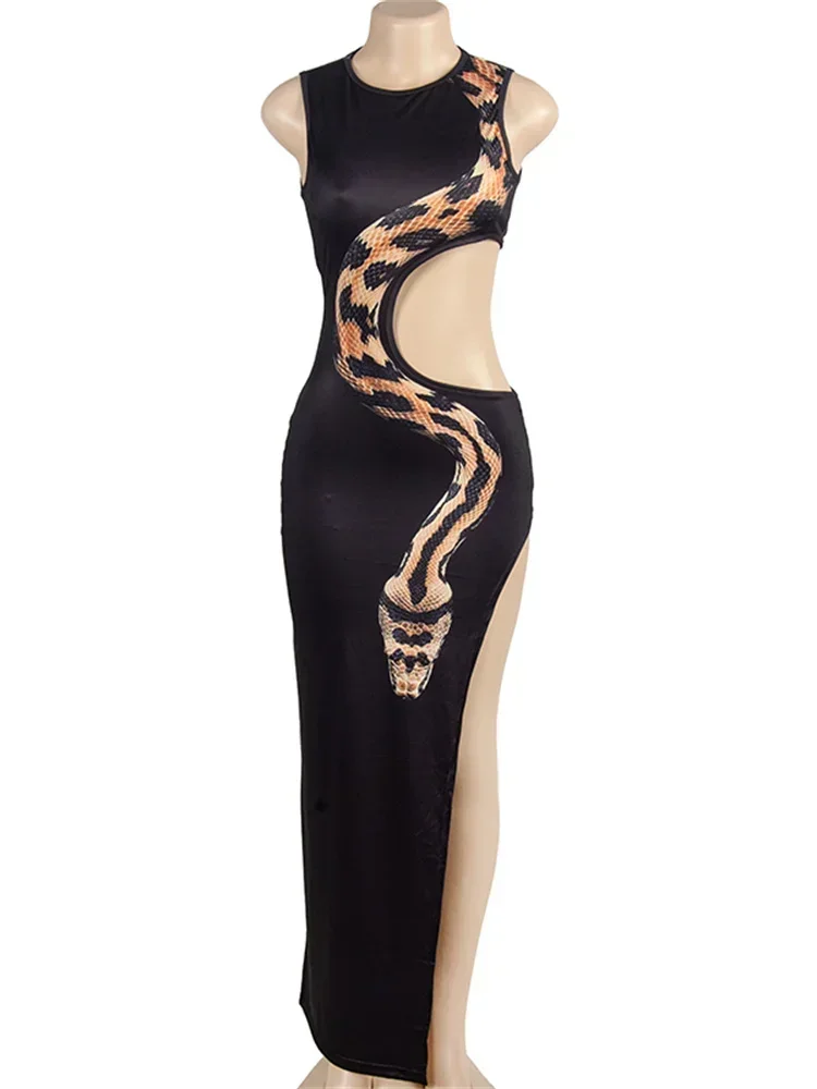 Ueteey Slangenprint Jurk Vrouw Zomer Sexy Holle Mouwloze Splits O-hals Mode Coquette Party Clubwear Skinny Vestidos