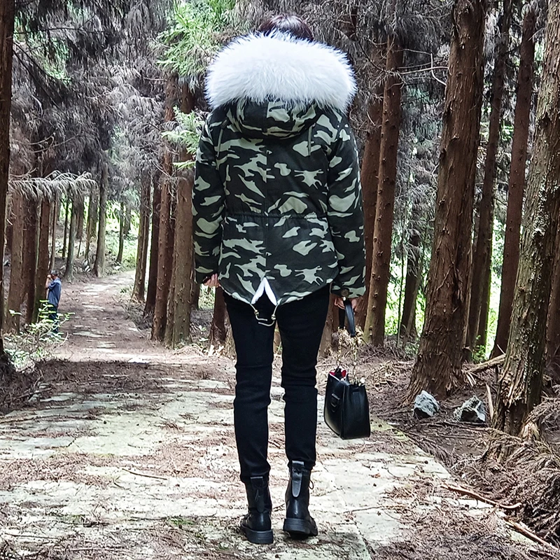 2022 winter parka camouflage casual thickened long-sleeved hooded raccoon fur collar fur coat women's clothing