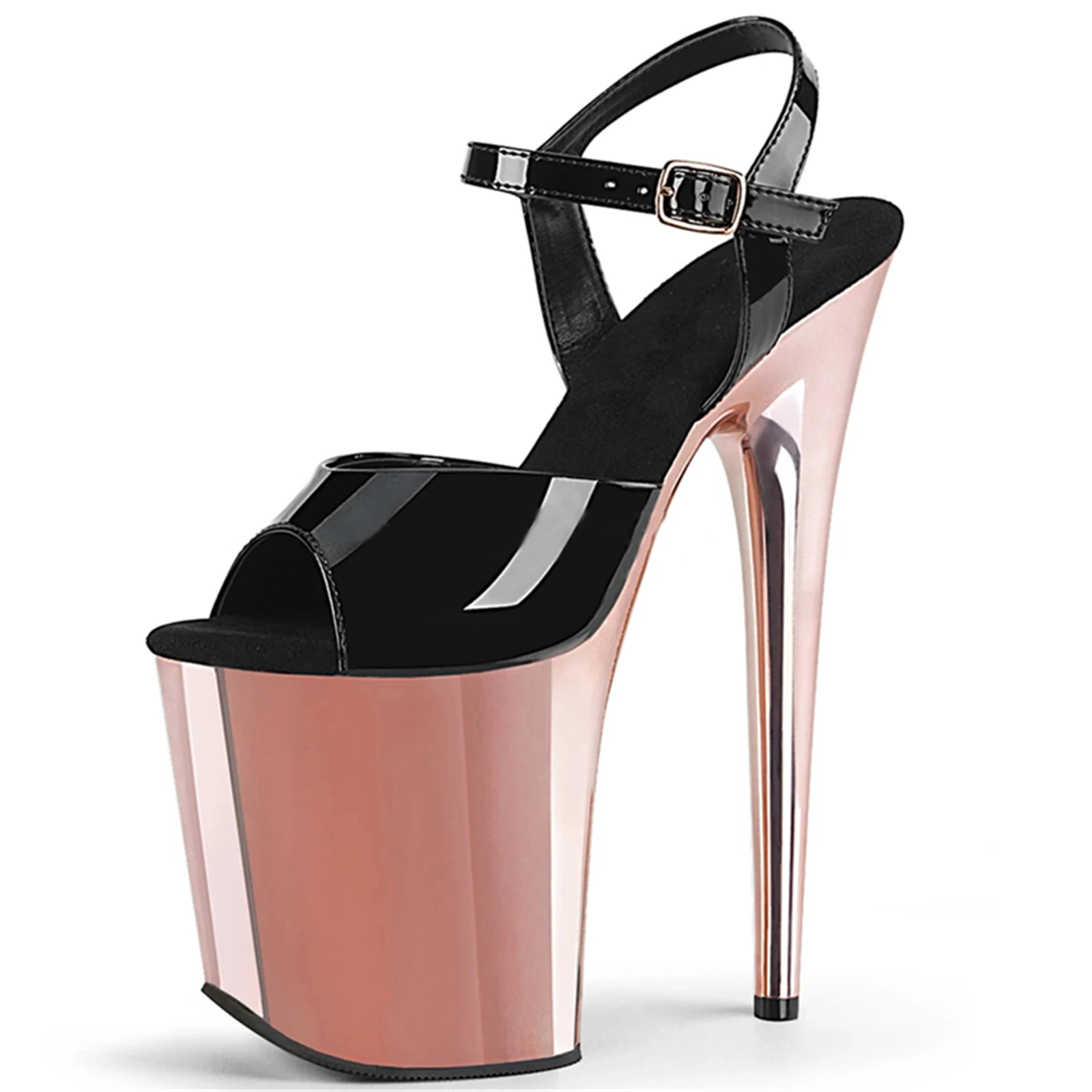 

Сексуальные черные сандалии из лакированной кожи с открытым носком | Туфли на шпильке из розового золота 20 см. | Массивная платформа и ремешок на щиколотке | Туфли для ночного клуба