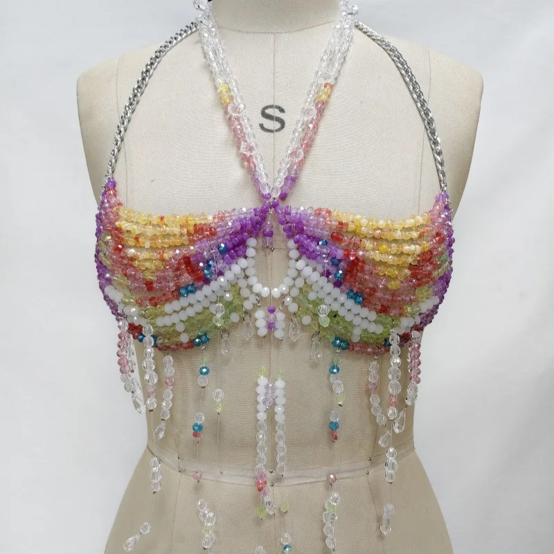 Fashion Hanging Neck Sexy Vest Colorful Gemstone Body Chain Chest Chain Hollow Out Beaded Top B25491
