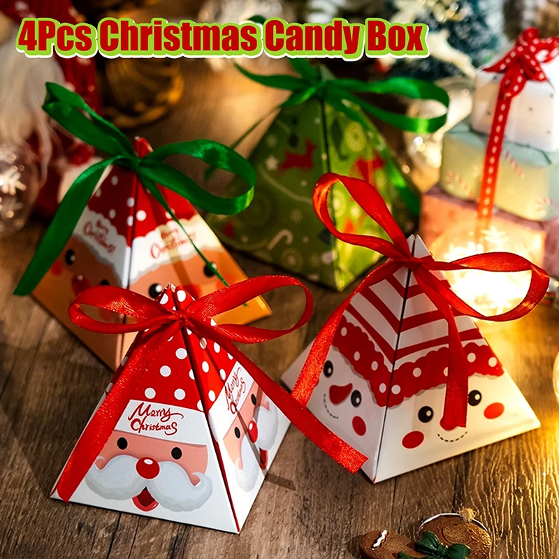 

4Pcs Christmas Triangle Box Candy Box Gift Box Packging Kids Favors Happy New Year Decor Holiday Gift Wrapping