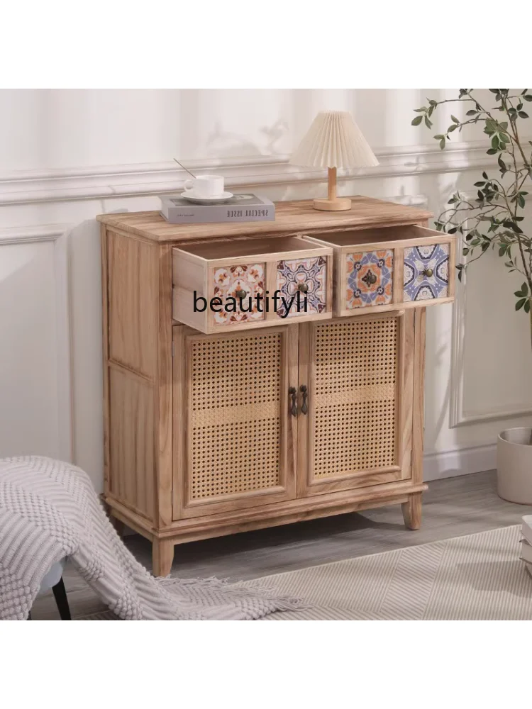 Modern  Log Chest of Drawers Vintage Rattan Storage Shoe Cabinet Double Door Bedroom Wall-Mounted Large Capacity Side Cabinet