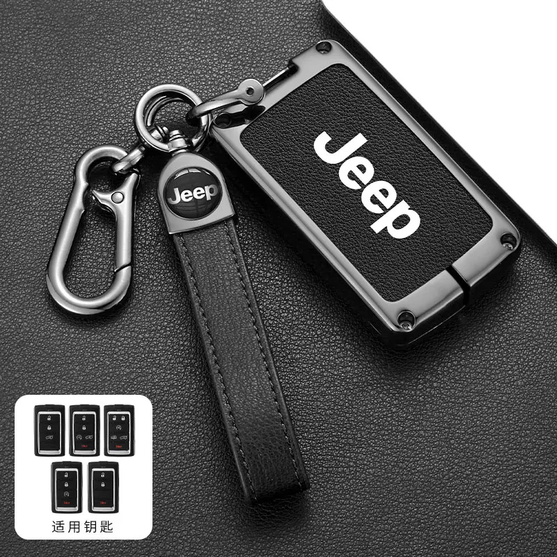 Metal Leather Car Remote Key Case Cover for Jeep Grand Cherokee Wagoneer Obsidian II 2021 2022 2023 Protection Auto Accessories