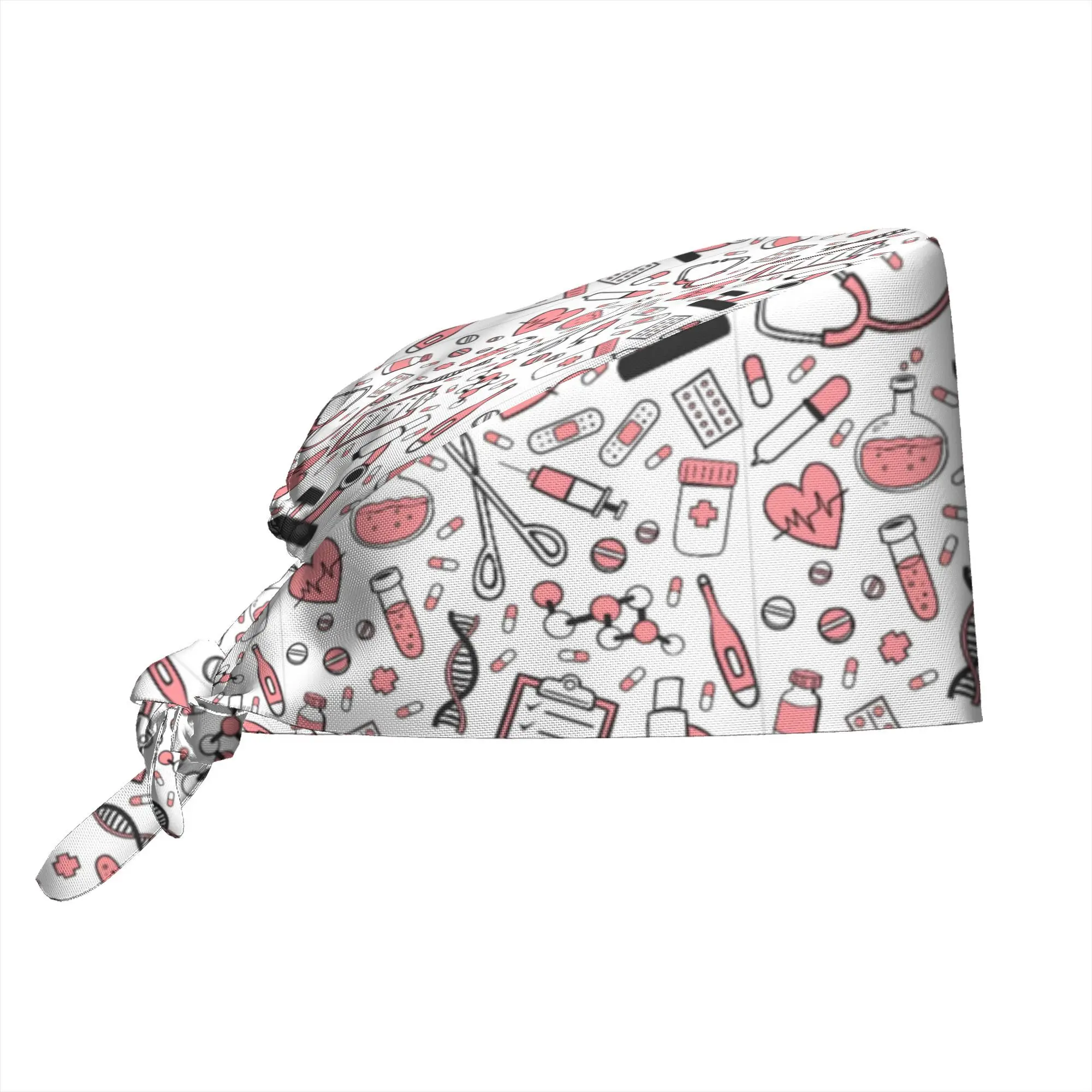 Pink Medical Element Print Scrub Cap Cute Nurse Doctor Tool Pattern Hat Adjustable Tie‑back Work Cap for Nurses