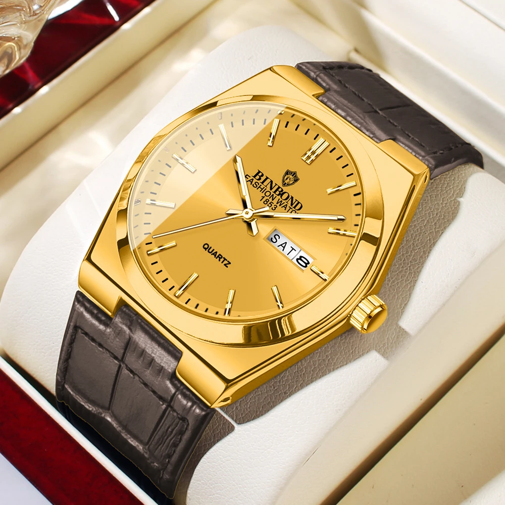 

New Fashion Quartz Wristwatches Gifts For Man Blue Leather Gold Clock Men Luxury Watch Automatic Watches Mens Tudo Por 1 Real