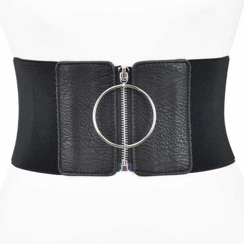 Women\'s Dress Super Wide Belt  Large Metal Ring Black   Elastic   Women  Fashion for