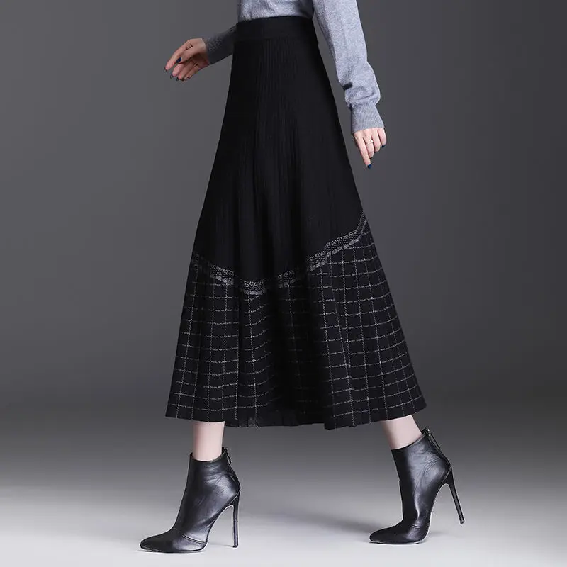 Plaid Ankle-länge Big Hem Herbst Winter frauen Kleidung Helle Dekoration Stricken Reich Falten A-linie Rock Elegante Mode