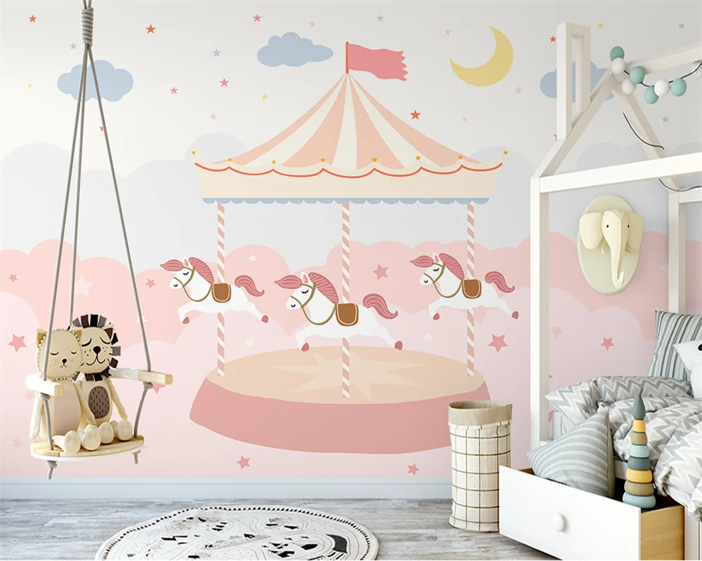 

beibehang Custom Nordic hand-painted pink starry horse children's room background wallpaper papel de parede papier peint