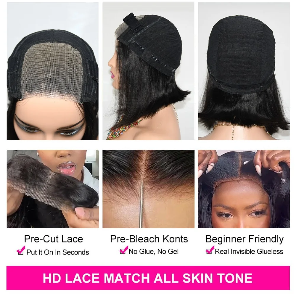 شعر مستعار بدون صمغ شعر طبيعي مفرود الباروكات 4X4 HD الدانتيل الشفاف الجبهة بوب غلويليس الباروكات شعر الإنسان قبل قطعها 2-5 أيام التسليم