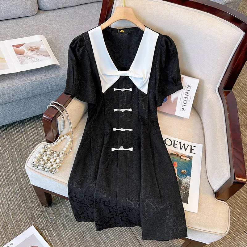 150Kg Plus Size Women\'s Bust 149 Summer Loose Doll Neck Short-Sleeved Waist Dress Black White 4XL 5XL 6XL 7XL 8XL 9XL