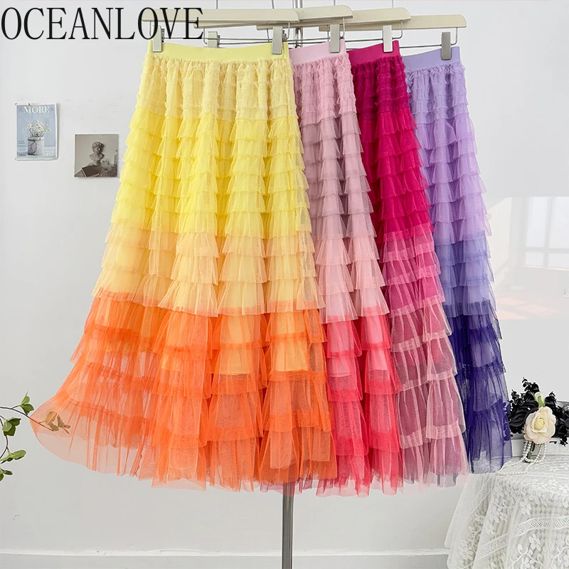 

OCEANLOVE Gradient Colored Mesh Skirts Women Cascading Ruffles Spring Summer Sweet Long Skirt Korean Fashion Retro Faldas Mujer
