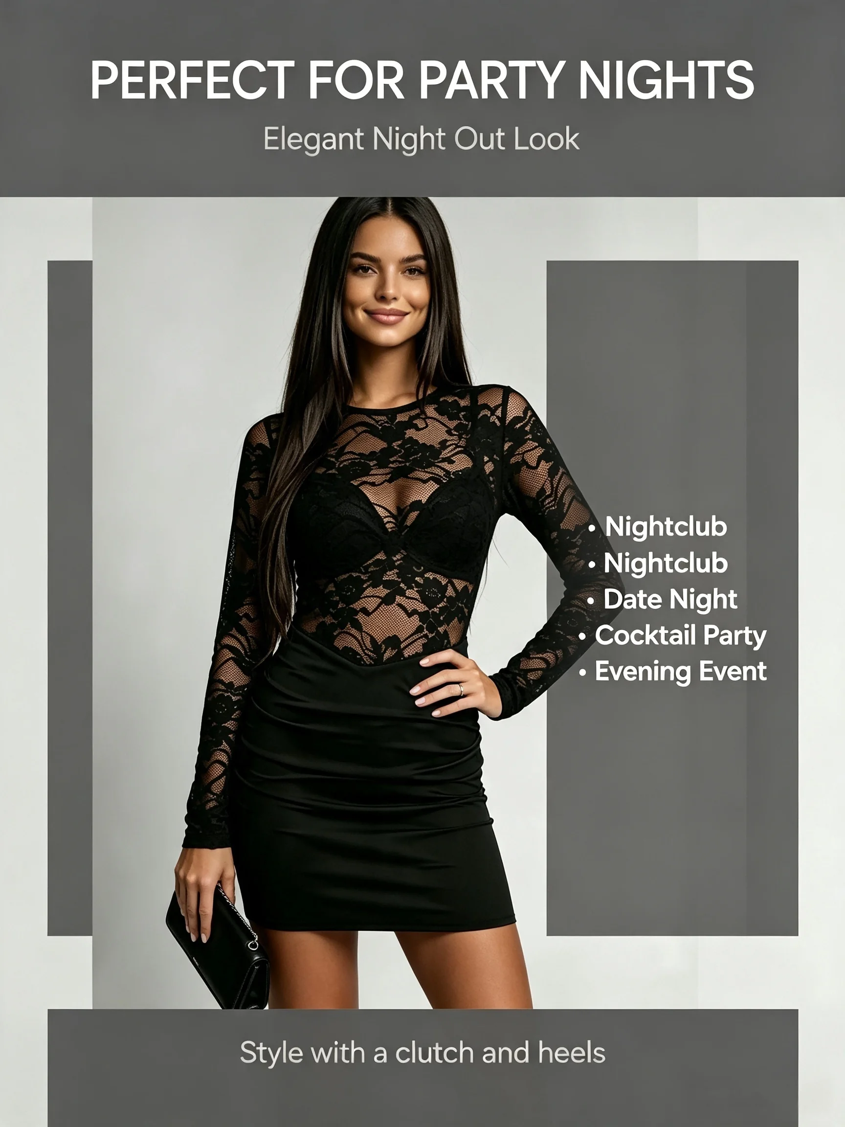 Figurbetontes Minikleid für Damen, Langarm, Blumenspitze, Transparente Einlage, Geraffte Taille, Schlankes Schwarzes Party-Clubkleid – Detail 6