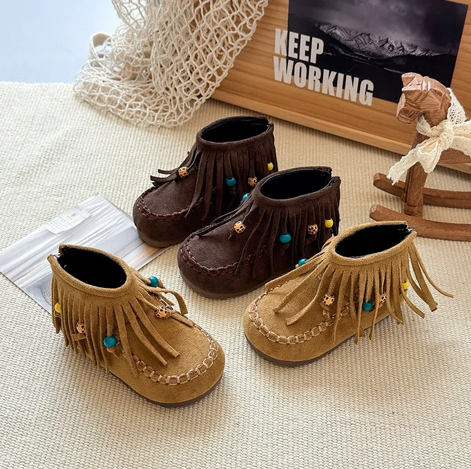 

Children Ankle Boots Tassels Girls Short Boots Round Toes for Autumn Winter 2025 Fashion Kids Princess Boots Soft Bottom