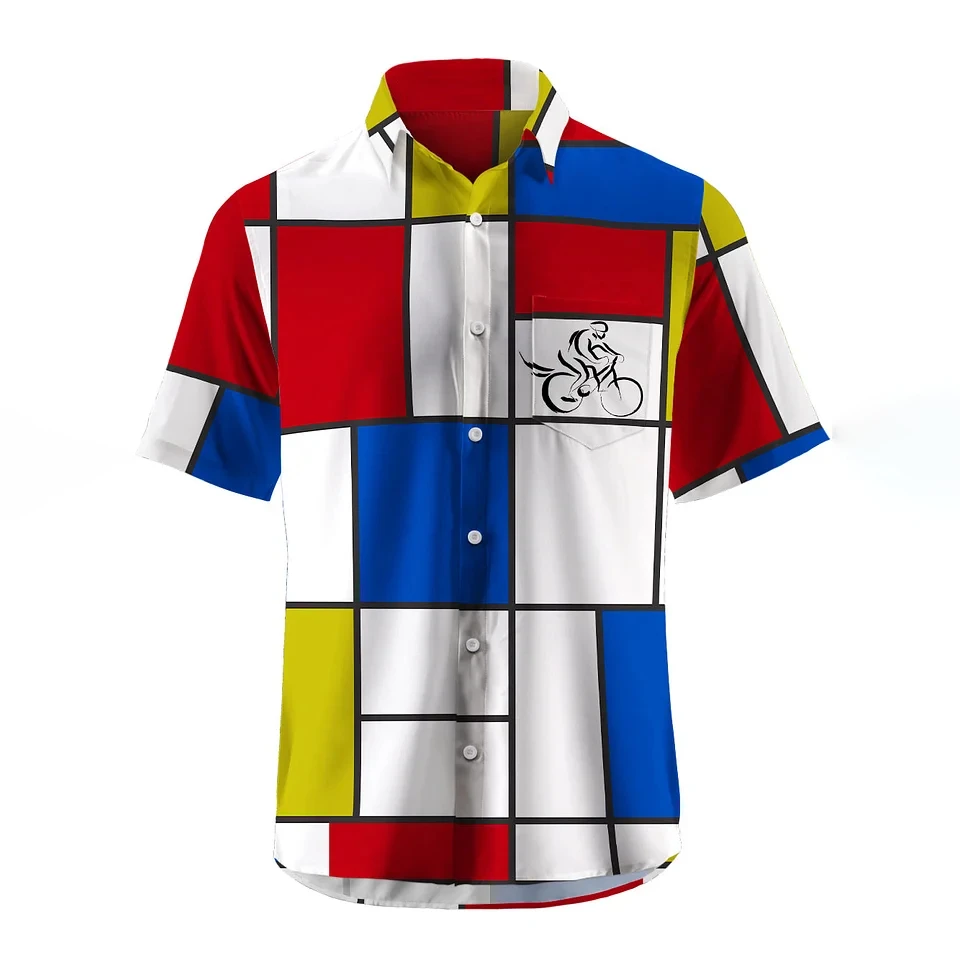 Camicia da uomo a maniche corte scozzese con stampa bicicletta Camicia con bottoni Camicia da spiaggia estiva Camicia da campeggio Camicia a maniche corte da uomo
