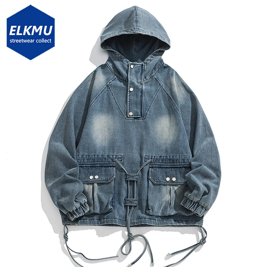 

Men Vintage Hooded Denim Jacket Streetwear Y2K Hip Hop Pullover Blue Jeans Coat Big Pocket 2024 Harajuku Casual Loose Jackets