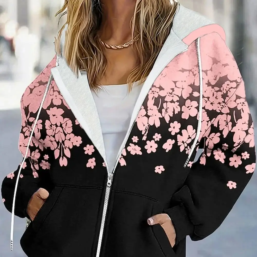 Übergroße Kapuzenjacke mit Blumenmuster und Taschen-Kordelzug, lässige Langarmjacke für Herbst und Winter, Damen-Clot in Übergröße – Detail 1