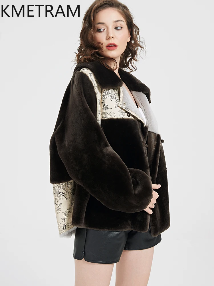 KMETRAM 100% Natural Goat Sheepskin with Wool Atttached Real Fur Coat Fashion Short New 2025 Winter Women Clothing шуба женская