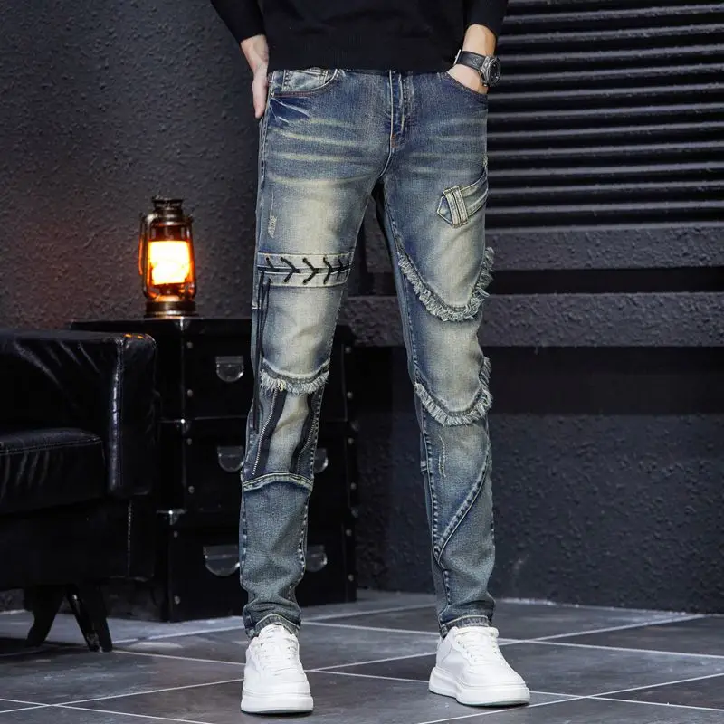 2023 Fashion Brand Embroidery Zipper Ragged Edge Panel Men\'s Jeans Retro Wearing Rope Korean Version Retro demin jeans