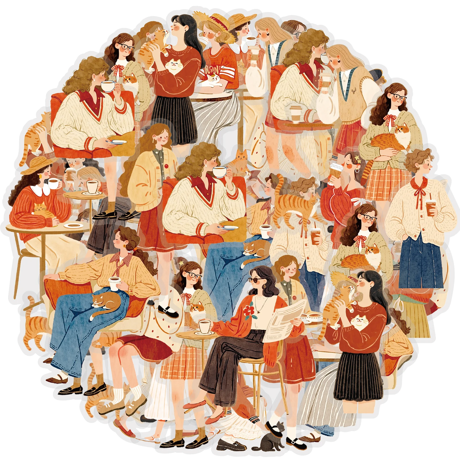 Etori Life Warm Orange Series Coffee Girl Cat Journal Stickers Retro Art Style Pet Stickers Suitable for Laptops, Phone Backs, Suitcases, Diaries, Scrapbooking Supplies, Office Decoration Accessories, DIY Crafts, Art Aesthetics, Student Gift Paper Bags, Polyvinyl Chloride, Irregular Shapes, High-Quality Stickers, School Supplies, Back-To-School Season
