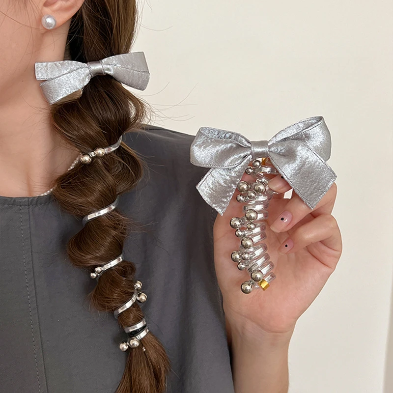 Korean silver bow beads phone line hair band female ponytail seamless hair rope bubble braided hair artifact headgear hairpin