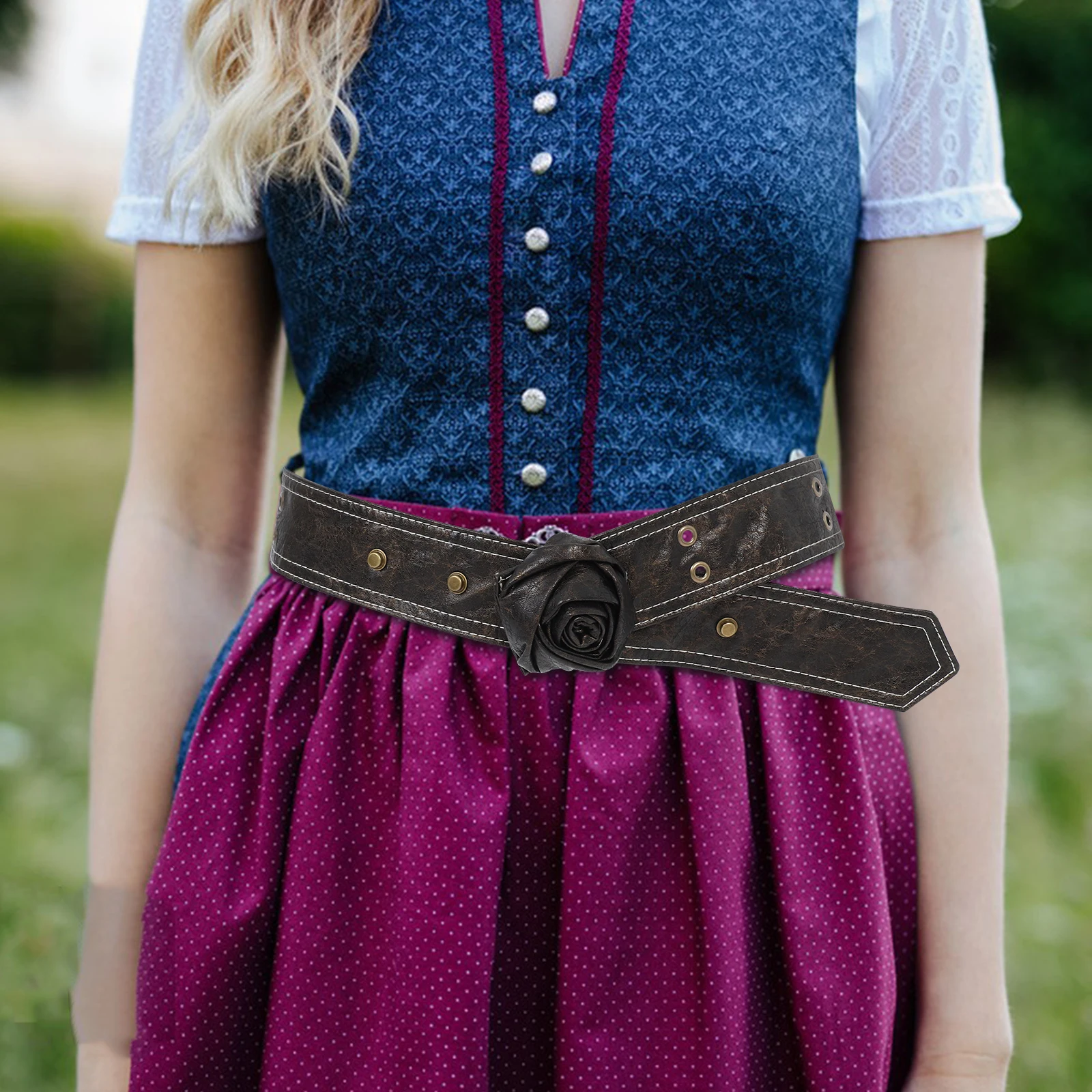 

Women'S Snap-Button Corset Belt Rose Flower Decor Pu Material Adjustable Wide Waistband Vintage Style Belt For Dresses Jeans