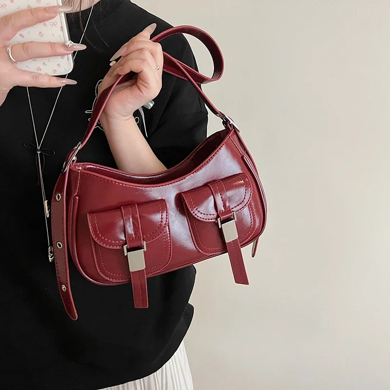 

Double Pocket Design Underarm Shoulder Bag Women Vintage Red Handbag Armpit Purse Fashion Adjustable Strap Hobo Crossbody Bags