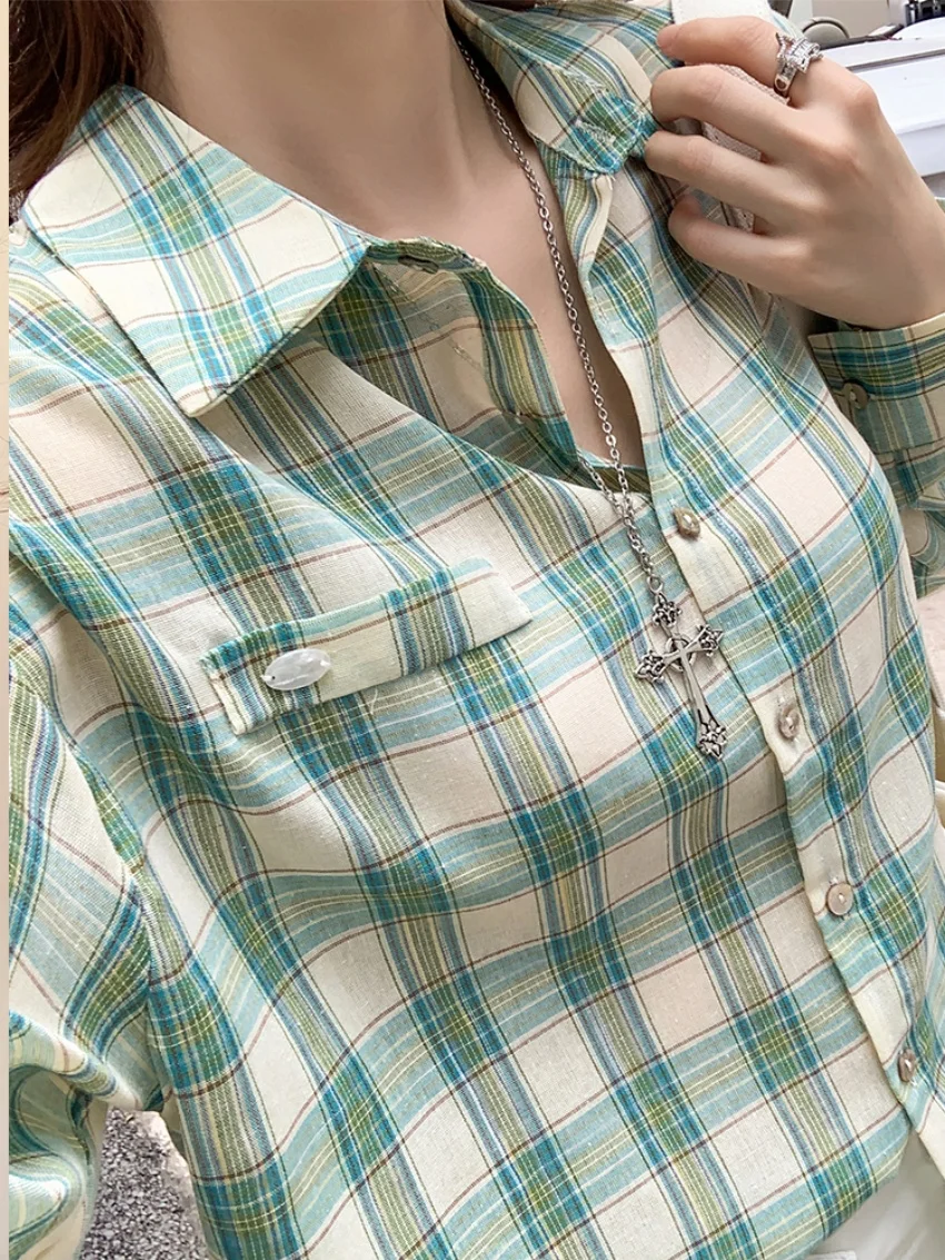 에일리언 키티 그린 선스크린 셔츠 여성 시크 루즈 2025 데일리 올 매치 플래드 젠틀 패션 풀 슬리브 오피스 레이디 코트