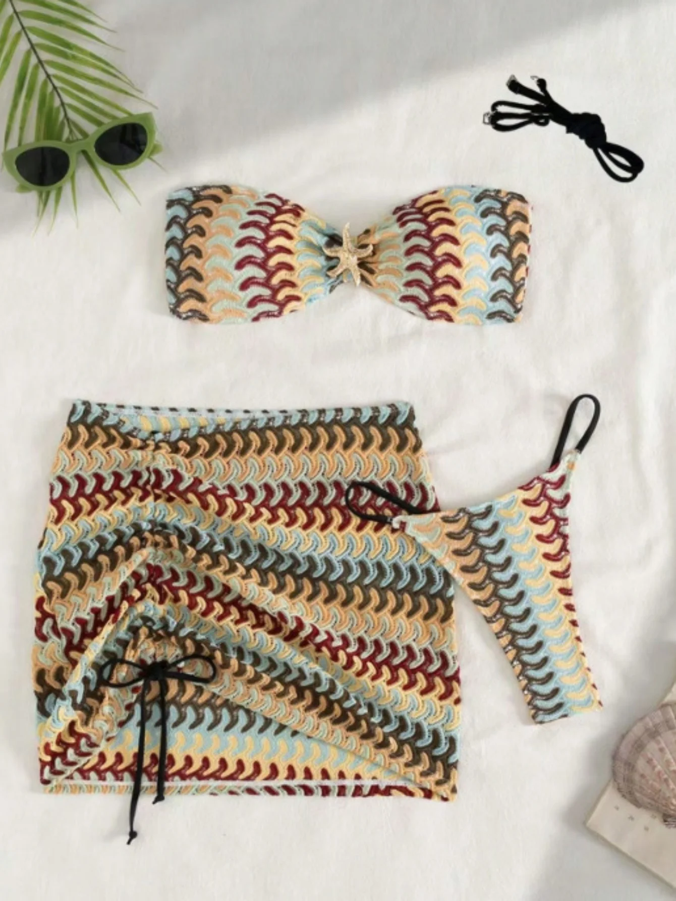 Vintage Coffee Striped Bikini 2026 Women Bandeau Pleate Push Up Bra Skirt 3 Piece Swimsuit Beach Bathing Suit Holiday Swimwear