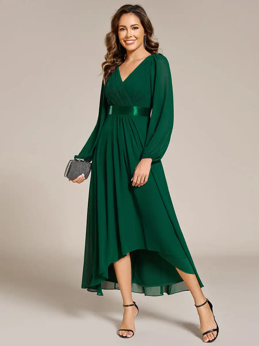 

Classical Evening Dresses V-neck Lantern Sleeve Pleated Decoration 2025 Ever Pretty of Chiffon Dark Green Bridesmaid Dress