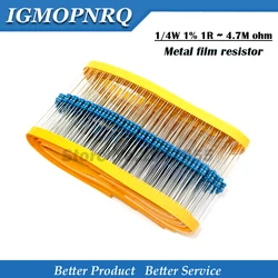 100pcs 1/4W 1R~22M Metal film resistor 1% 100R 220R 1K 1.5K 2.2K 4.7K 10K 22K 47K 100K 100 220 1K5 2K2 4K7 ohm resistance