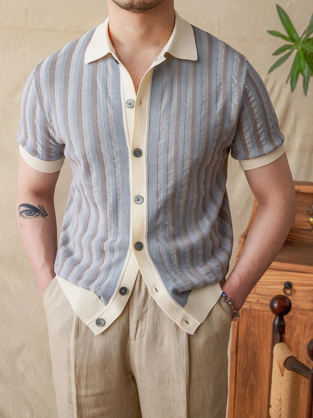 

Men's Italian-British Knit Polo | Summer Striped Jacquard Cardigan | Lapel Patchwork Short Sleeve | Trendy Retro Sweater