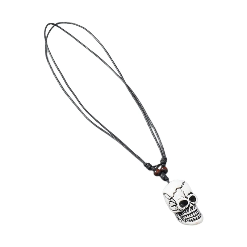 S1Y1 Gothic Bone Skeleton Head Skull Pendant Necklace Adjustable Wax Cord for Men Women Halloween Gift Hip Hop Party Jewelry