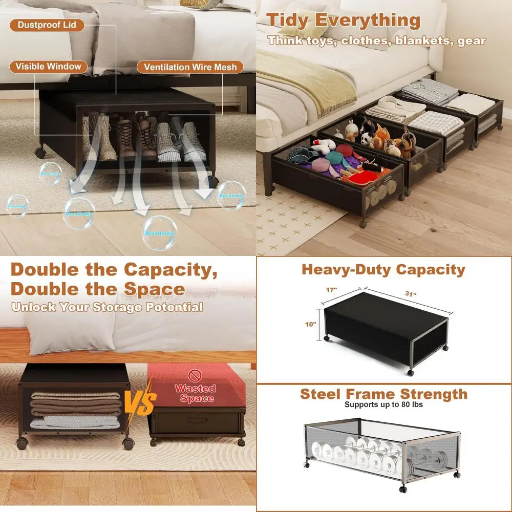 

Double Pack 10 Inch Tall Rolling Underbed Storage Boxes with Wheels, 31 Inch Long, Large Dorm Clothes Storage with Lid, Black