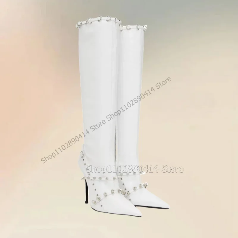 

White Matte Leather Rivets Decor Pointed Toe Boots Side Zipper Women Shoes Thin High Heels Novel Party 2025 Zapatos Para Mujere