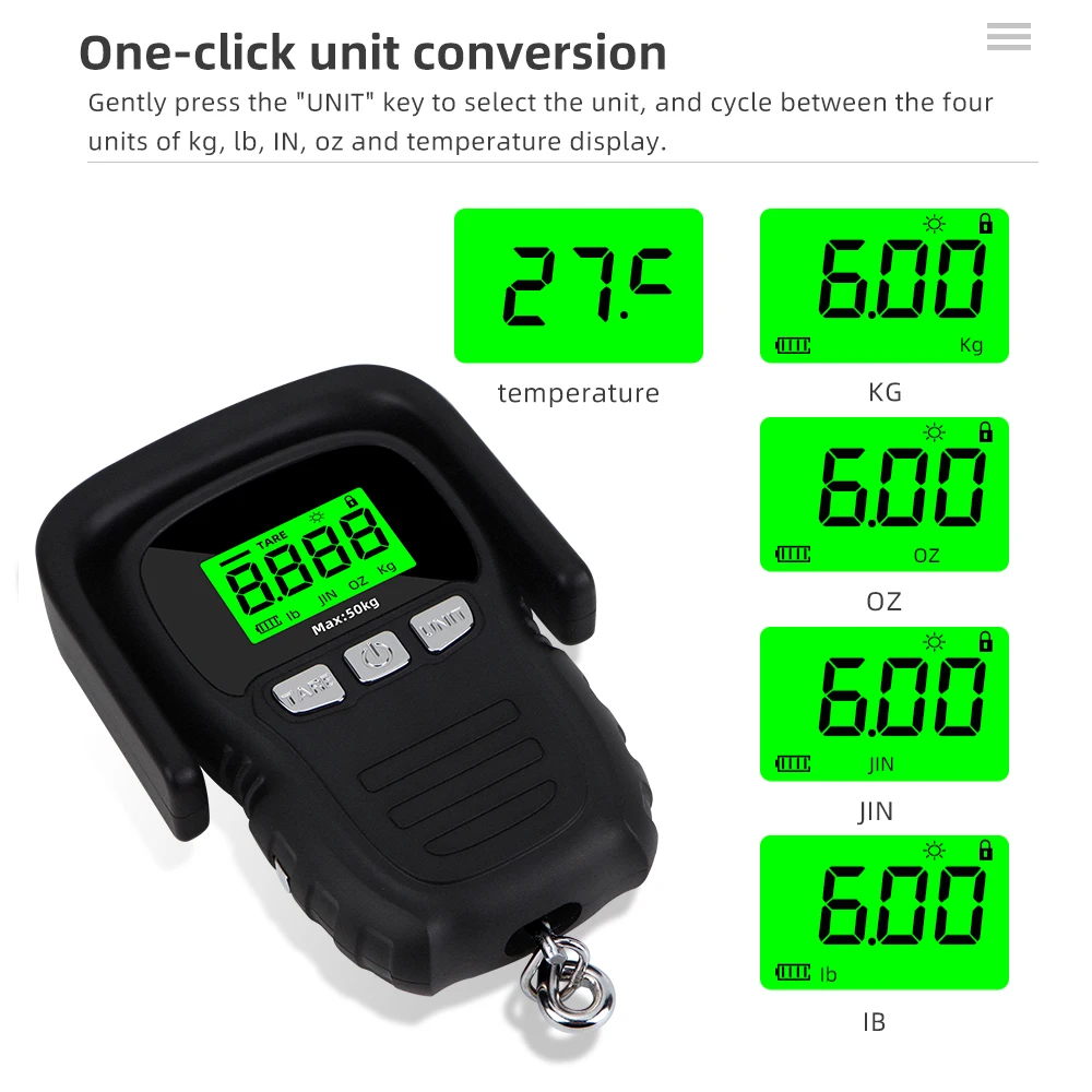 50Kg/5g LCD Digital Display Hanging Hook Scale kg/oz/TEMP/lb Backlight Portable Fishing Travel Mini Electronic Weighing Scale