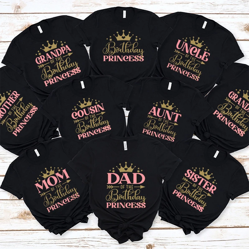 Fashion Birthday Princess Girls Party T-shirt Family Gathering Matching Sibling Tees Aesthetic Clothing Black Unisex Kids Tops