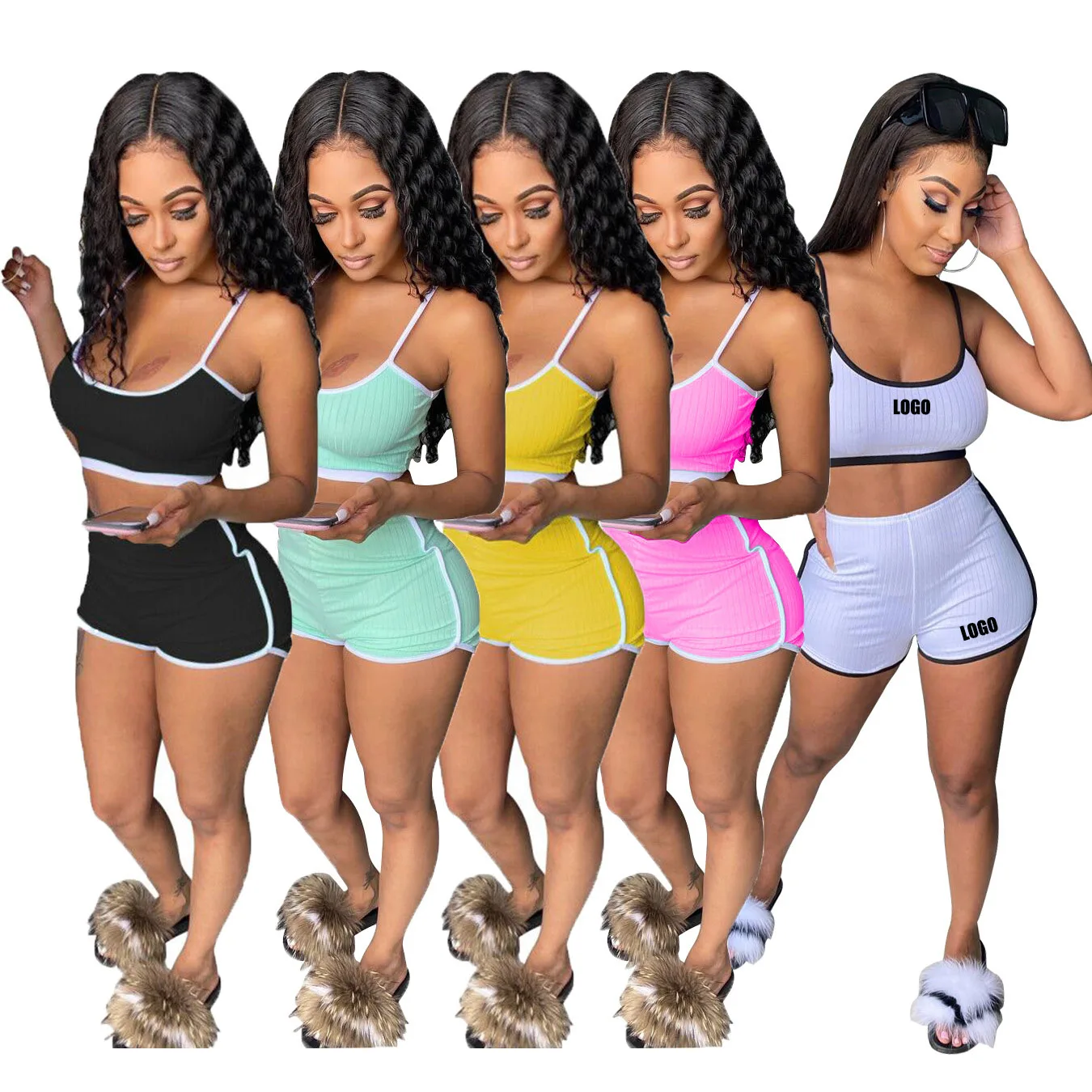 

Customized LOGO European and American women's clothing sexy fashion suspender pit strip vest shorts two-piece set