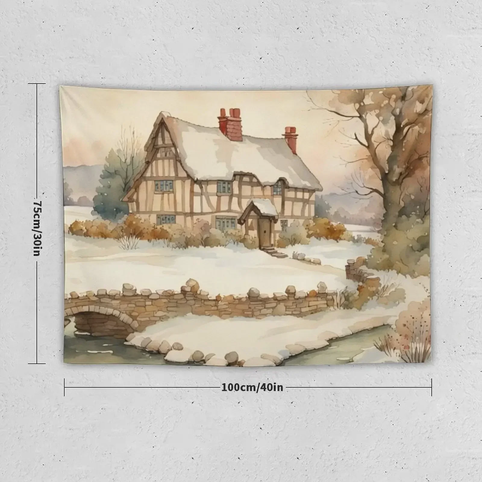 Traditional Old English Medieval Cottage in Winter Watercolor Tapestry Wall Tapestries Aesthetic Room Decorations Tapestry