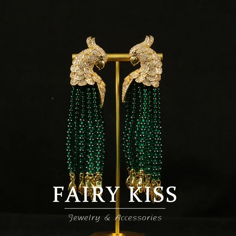 Luxury Full Rhinestone Parrot Tassel Earrings Green Bead Long Drop Earrings Women Wedding Party Jewelry