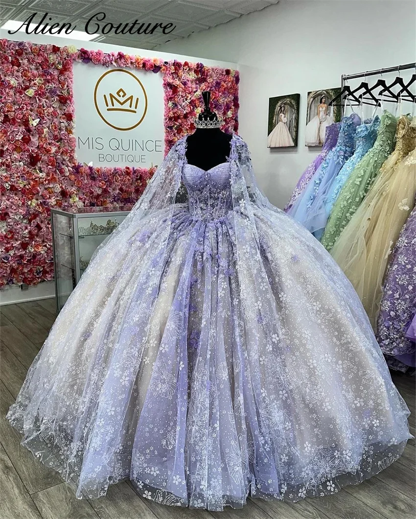 Lavender Purple Quinceanera Dresses Butterfly Appliques Ball Gown 2024 Birthday Party Gowns Cape Vestidos De 15 Customized