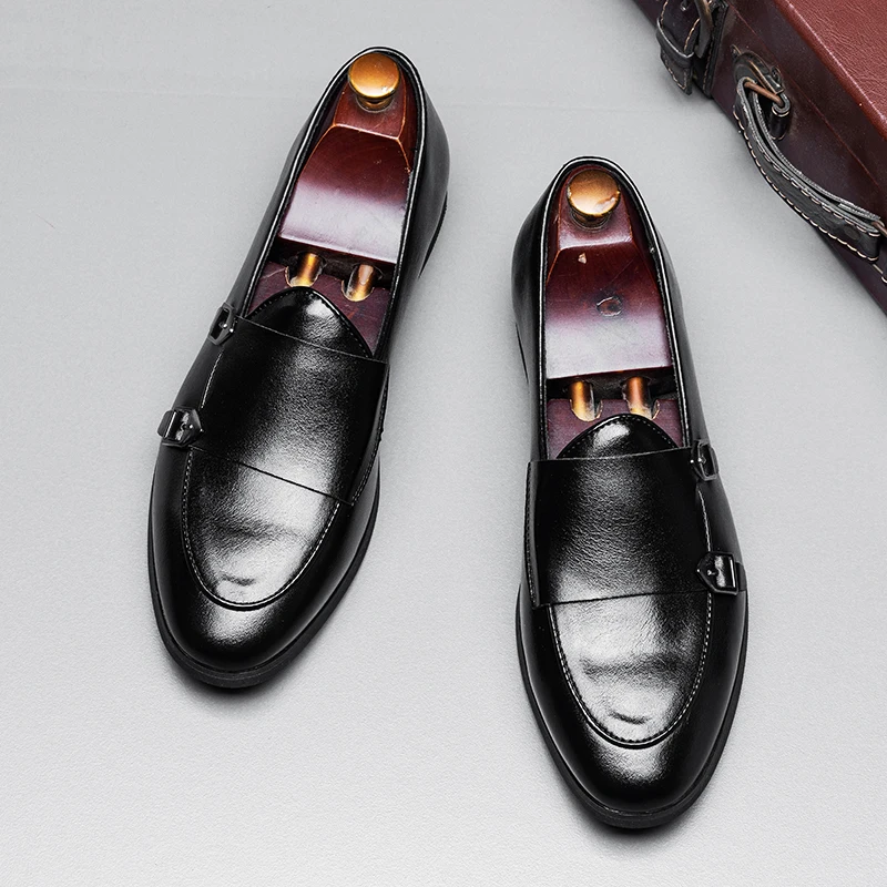 

Men's Double Buckle Loafers High Quality Leather Casual Slip on Comfortable Formal Business Shoes Lightweight Male Driving Shoes