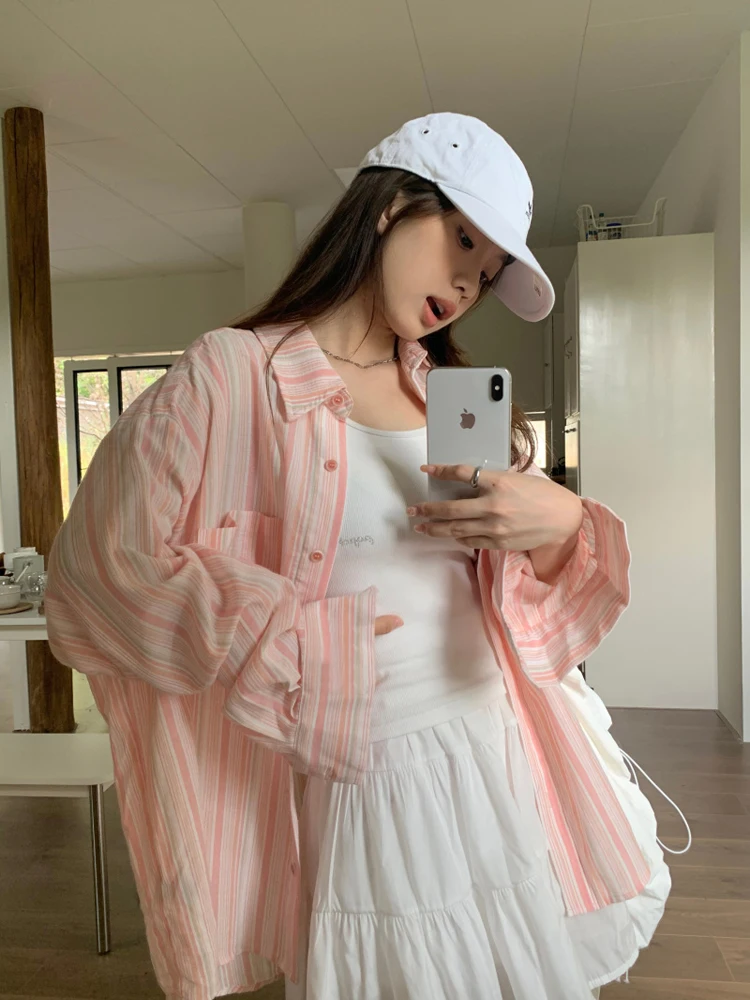 

Slim Fit Striped Sun Protection irt Women's Spring Summer Loose Long Sve Top Coat Korean Sle Casual Polyester Fiber