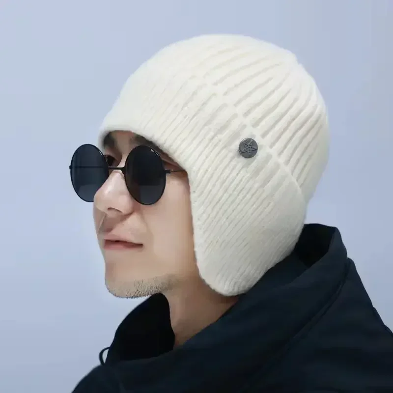 Nueva moda para hombre, gorro tejido cálido de lana, gorro con protección para los oídos, gorros, gorros de esquí gruesos de terciopelo de doble