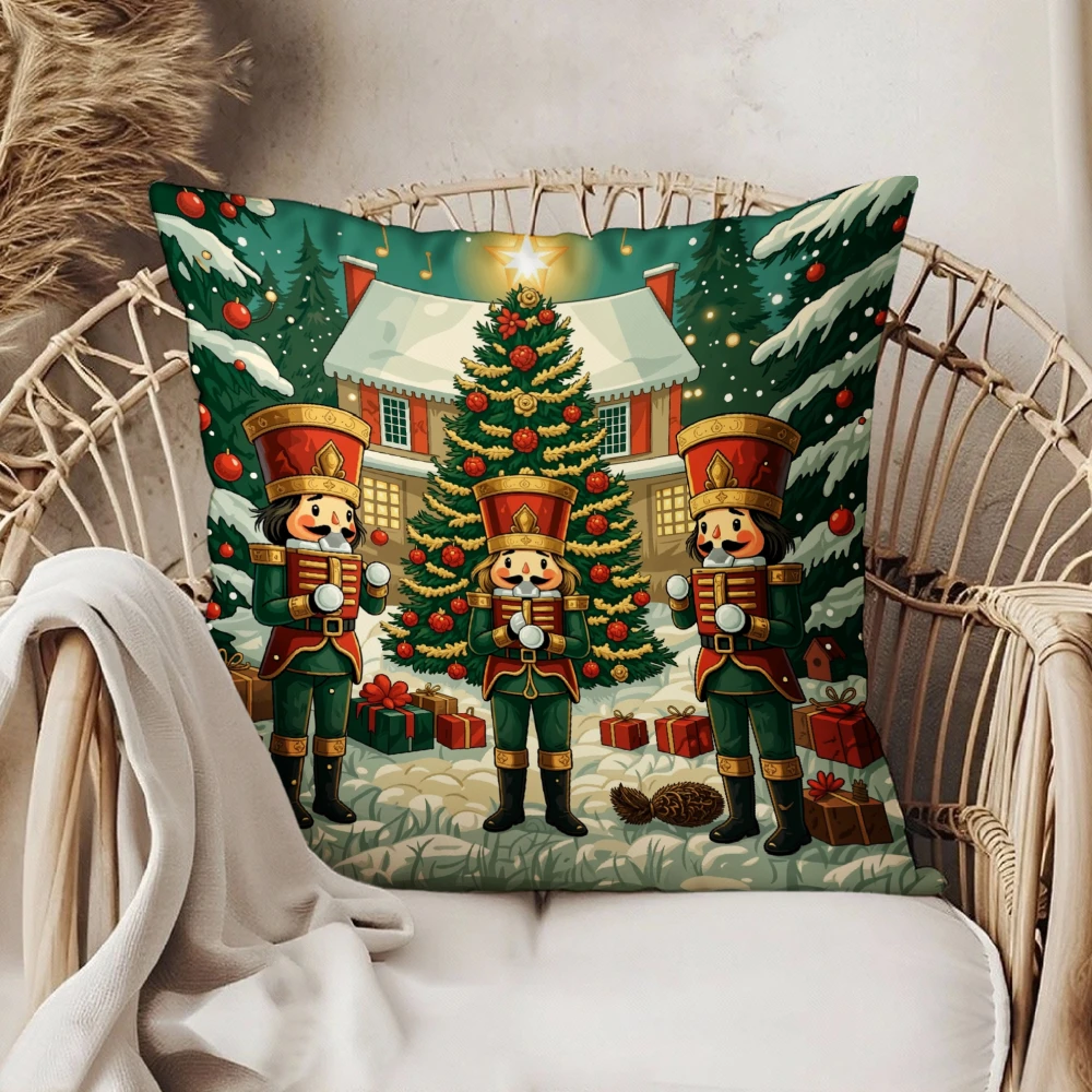 Square Throw Pillow Case Green Christmas Nutcracker Soldiers And Tree Print For Home Sofa Bedroom Living Room Decor