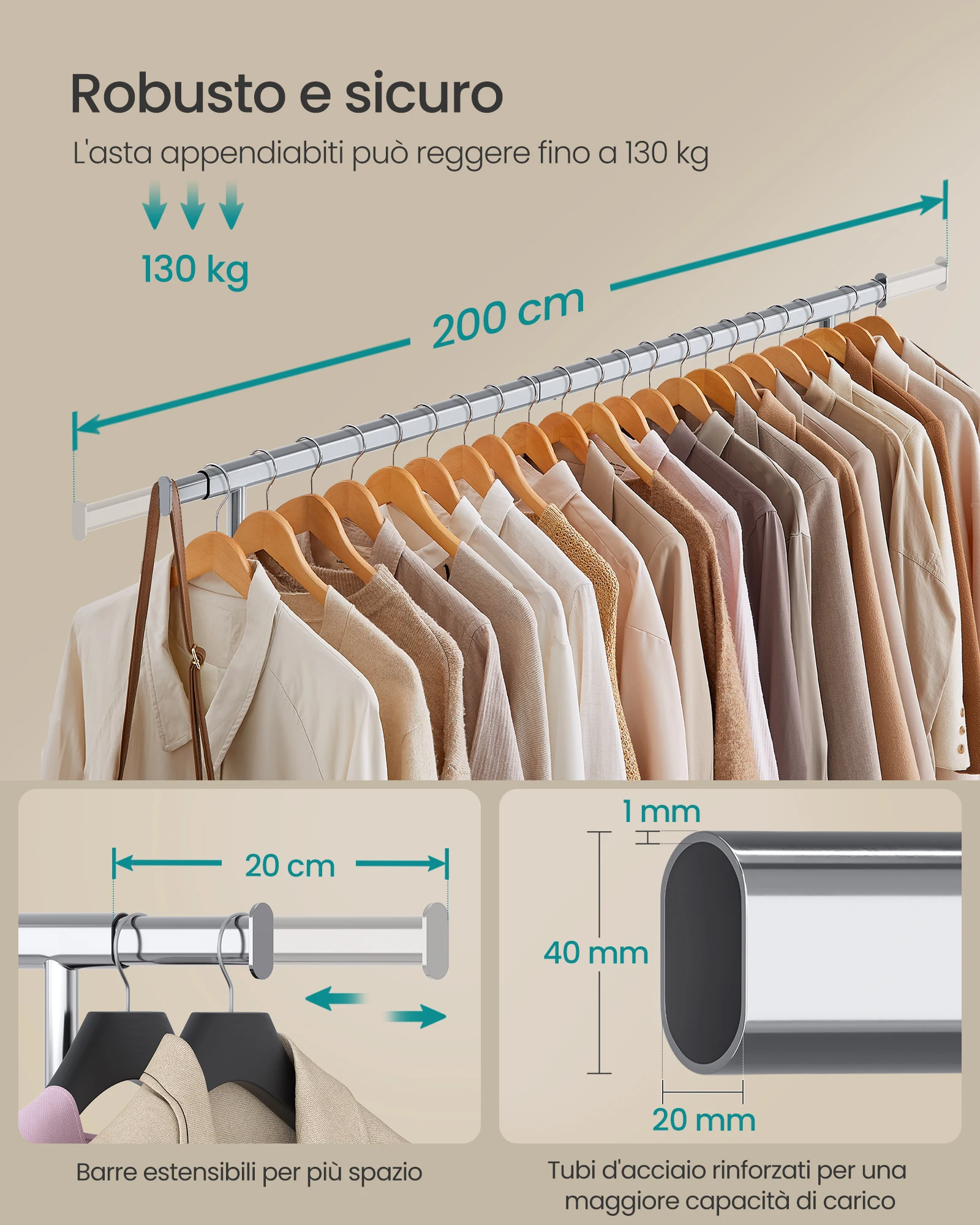 حامل SONGMICS Appendiabiti con Ruote، Portata Totale 150 كجم، 45 × (160-200) × 161 سم، أرجنتو/نيرو #5