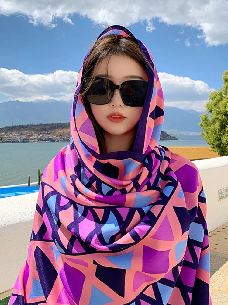 Summer Elegant Women Silk Scarf Beach Wrap Shawl Vintage Plaid Print Lady Sunscreen Bandana Long Hijab Mujer Boho Scarve Pareo