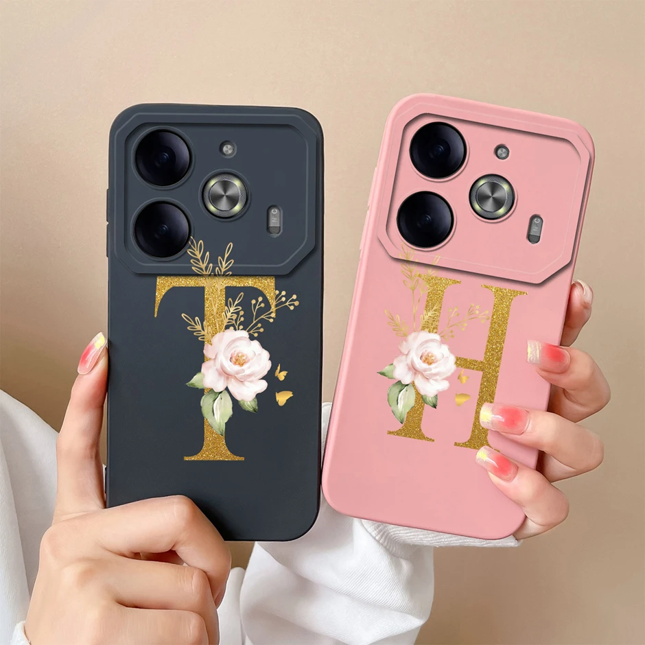 Case For Tecno Pova 6 5G Li7 Flower 26 Letters Liquid Silicone TPU Back Cover For Tecno Pova 6 Pro 5G Li9 Advanced Sense Funda